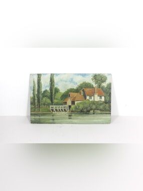 Vintage Oil Painting of a Landscape with a Cottage by the Water Unframed Small